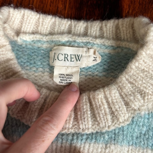J. Crew Shetland Wool Striped Blue and Cream Sweater SZ M - Picture 2 of 5